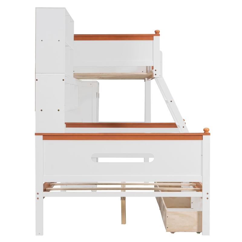 Roomfitters Twin Over Full Bunk Bed System with Tall Cabinet, Storage Compartments and LED Lighting, White and Orange Finish