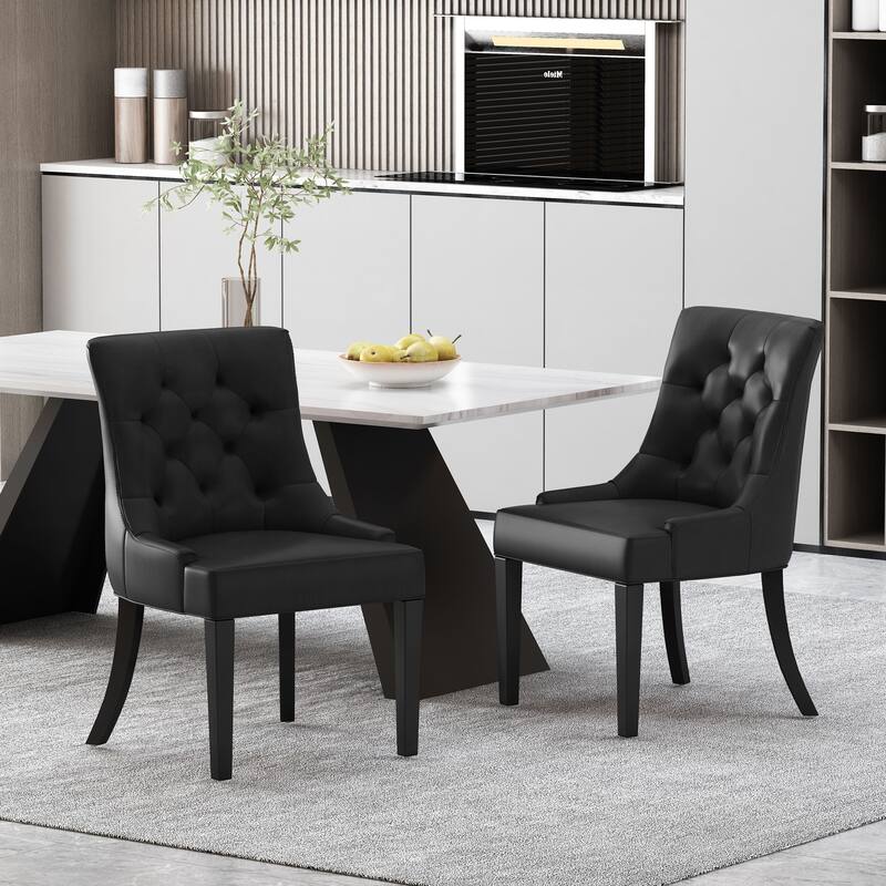 Dining Chairs Set of 2, Tufted Faux Leather Dining Room Chairs with Wood Legs, High-Backed Upholstered Chairs for Kitchen - Black