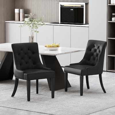Leather Dining Chairs Set of 2, Upholstered Dining Table Chair, Tufted Back Accent Chairs, Lounge Chair with Wood Legs
