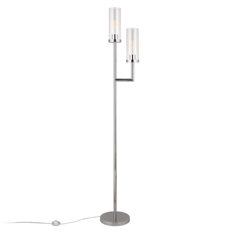 HomeRoots 69" Nickel Two Light Torchiere Floor Lamp With Clear Transparent Glass Drum Shade - 69" Tall