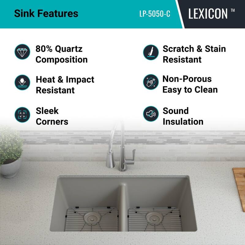 Lexicon Platinum 32" Quartz 50/50 Double Bowl Sink with Grids & Drain