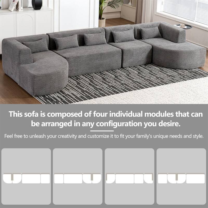Convertible Sectional Sofa with 2 Curved Chaise Lounges, 143.7" Upholstered Sofa Free-combined Sofa Couch with 5 Back Pillows