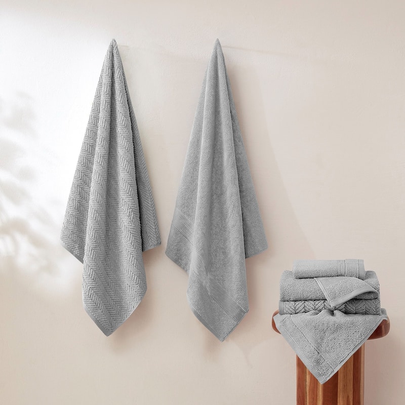 Modern Threads 6-Piece Zero Twist Jacquard Towel Set Otis - 100% Cotton, Bath, Hand & Washcloths - Textured Chevron Design