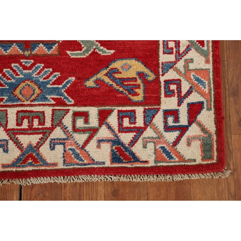 Red Geometric Kazak Oriental Runner Rug Handmade Wool Carpet - 2'7" x 9'8"