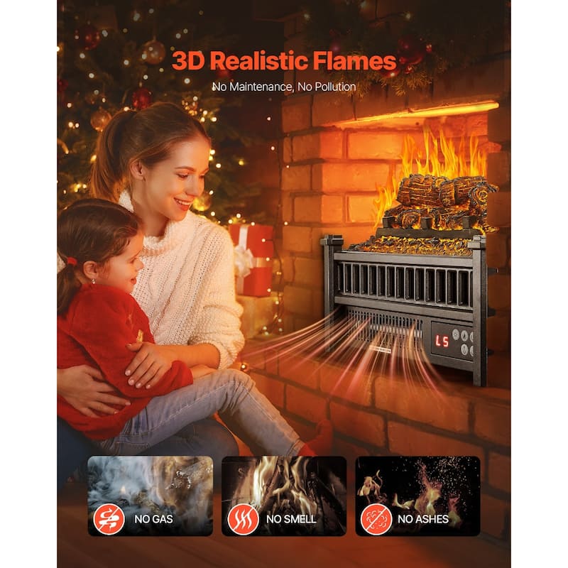 1500W Electric Log Heater with Timer and Remote Adjustable Brightness