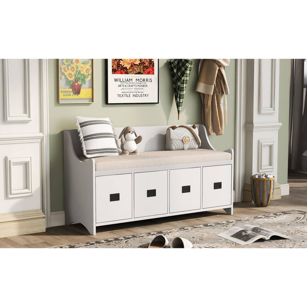 Movable Cushion Storage Bench with Drawers and Backrest