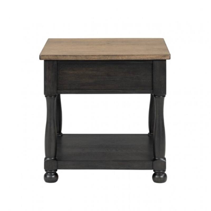 Ginie Chairside End Table, 1 Drawer, Black Brown Solid Wood, 24 Inch