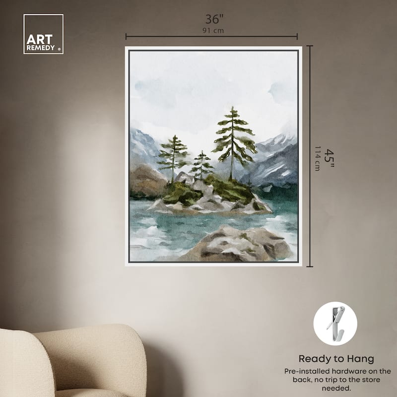 Art Remedy Cold Winter Lake Framed Landscape 1 Piece Canvas Wall Art Watercolor Style