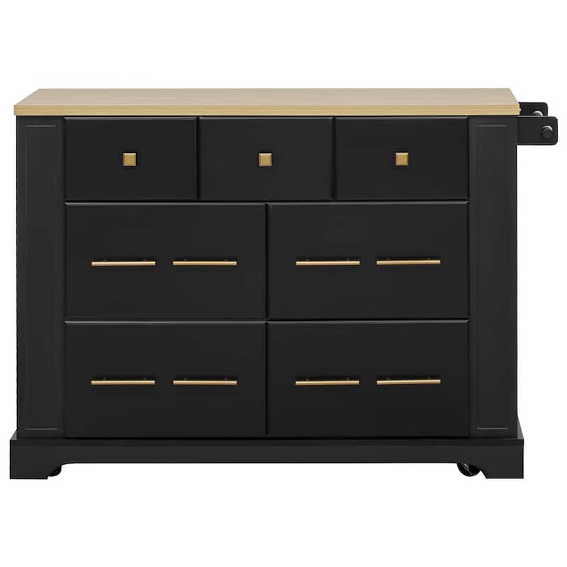 Kitchen Island with 6 Drawers, Pull Out Trash Can Storage, with Drop Leaf, Power Outlet, 5 Open Side Racks