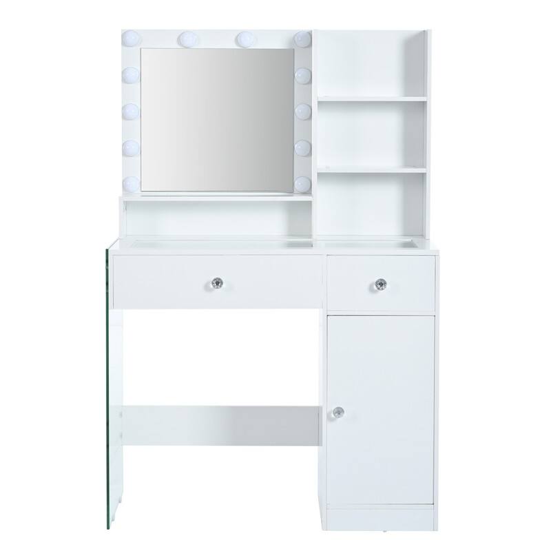 Modern Vanity Desk with Mirror and 3 Lighting Modes, crystal knob handles， Glass Top and Storage , Charging Station