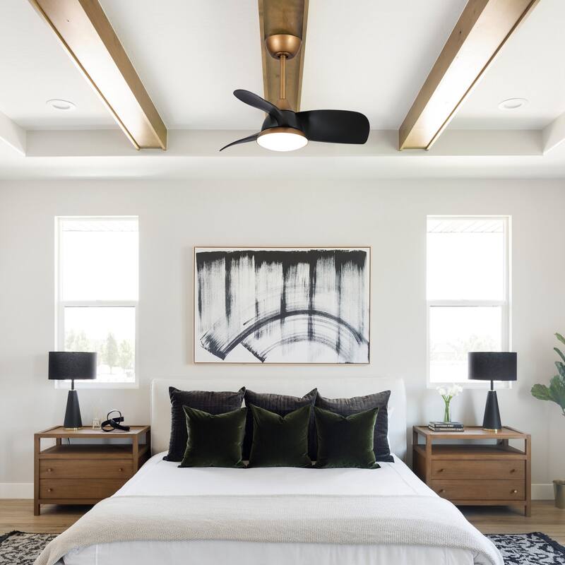 28" Black Modern Dimmable LED Ceiling Fan with Light and Remote