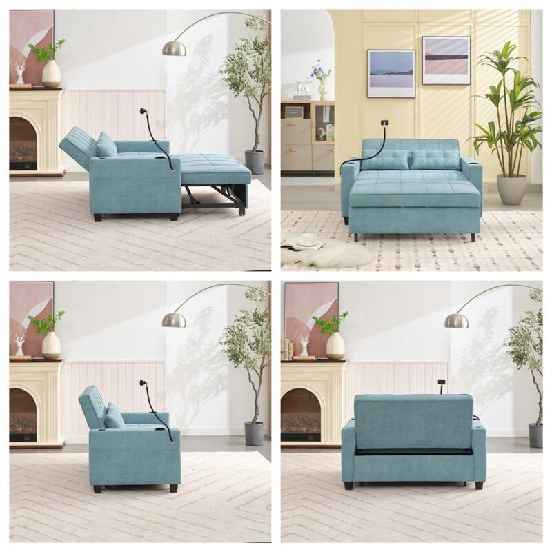 3-in-1 Pull Out Convertible Sleeper Chair w/ USB Ports,Wear Resistant