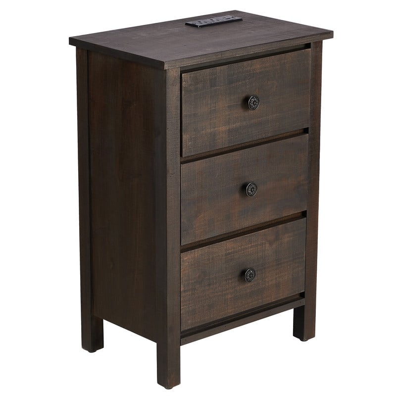 Brown Solid Wood Nightstand with 3 Drawers with USB & Type-C Ports, 2 Power Outlets - Brown