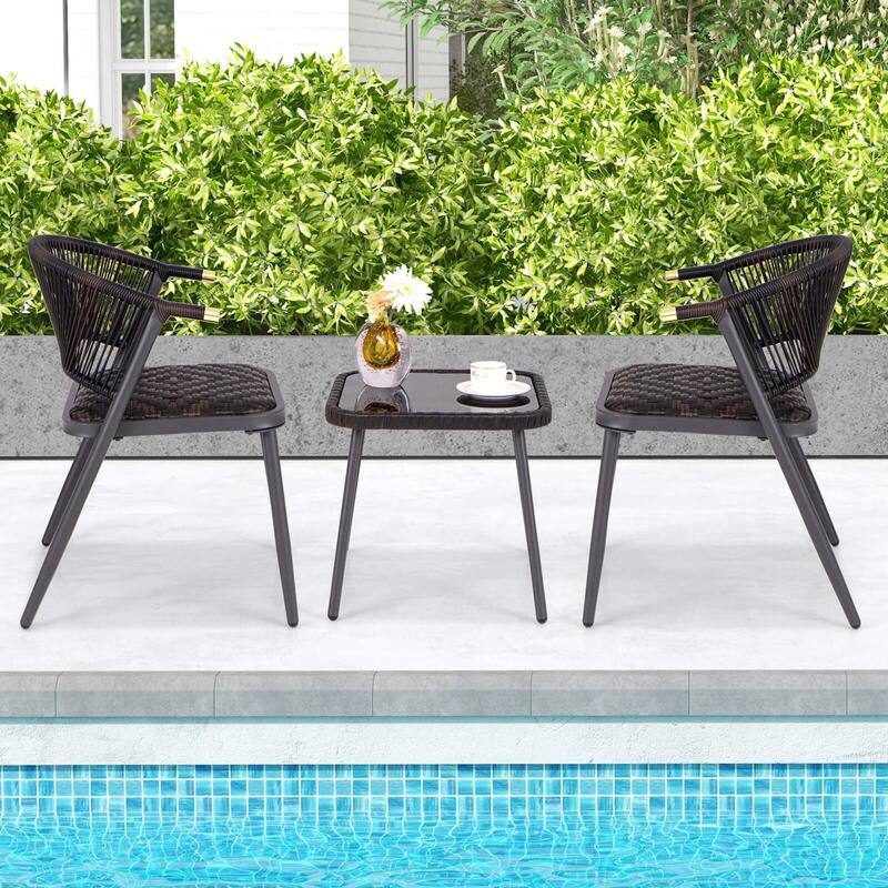 3 PCS Patio Rattan Furniture Set Padded Chairs Set w/ Side Table