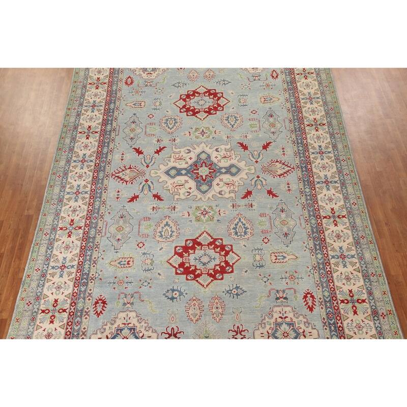 Hand Knotted Oriental 100% Wool Carpet Traditional Geometric Navy Blue & Blues Kazak Area Rug - 16' 3'' X 9' 9''