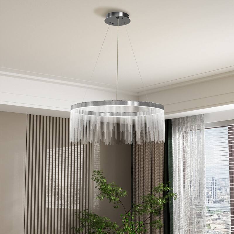 Aluminum Tassel Linear Chandelier Round Ceiling Pendant Lighting Fixture Over Dining Table, Kitchen Islands, Entryways