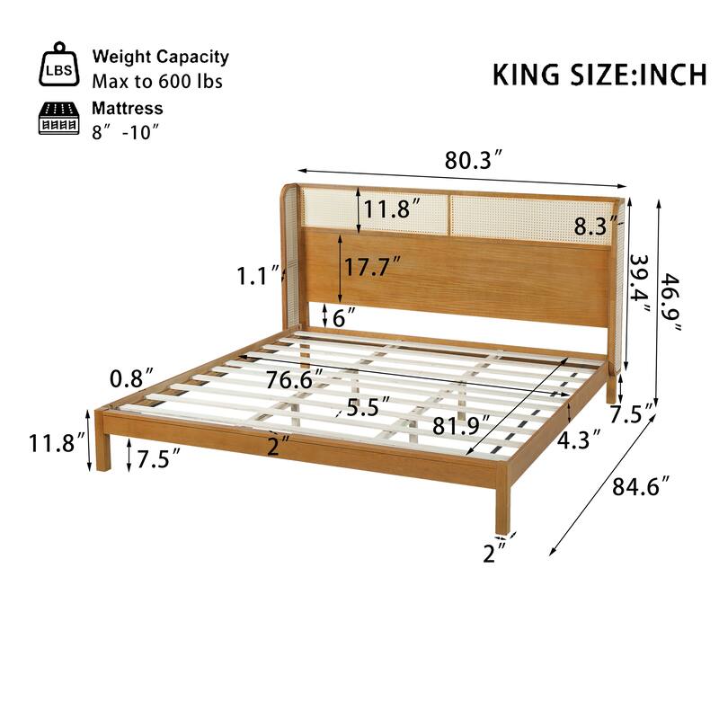 Premium Rubber Wood Platform Bed Frame, King Bed Frame with Headboard Included, Mid Century Modern Bed