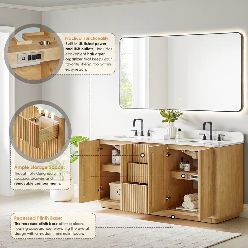 Clayton Bathroom Vanity in Washed Light Brown with Grain White Engineered Stone Countertop without Mirror
