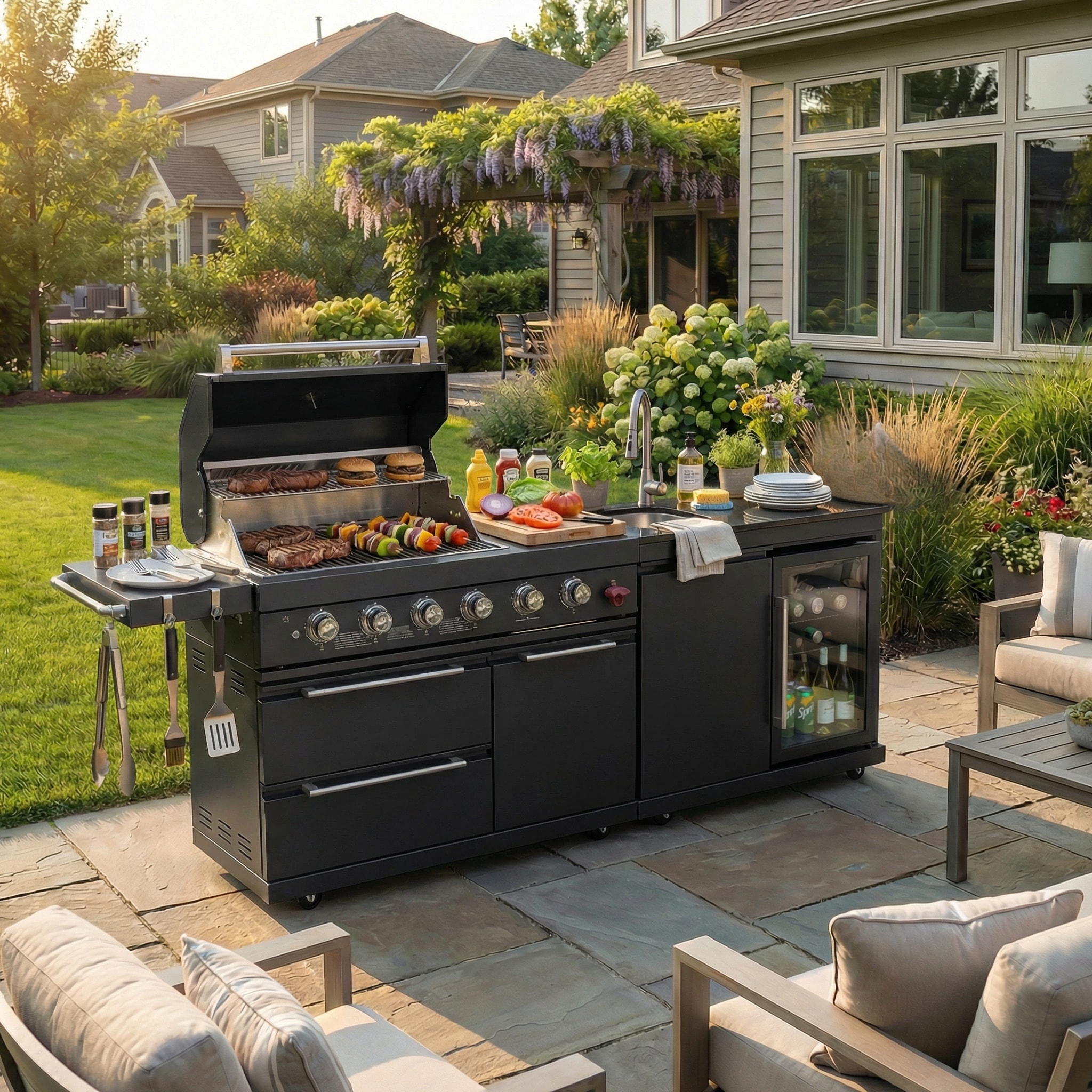 84" Deluxe Stainless Steel Outdoor Kitchen Barbecue Island Grill, 6-Burner 75300 BTU - N/A