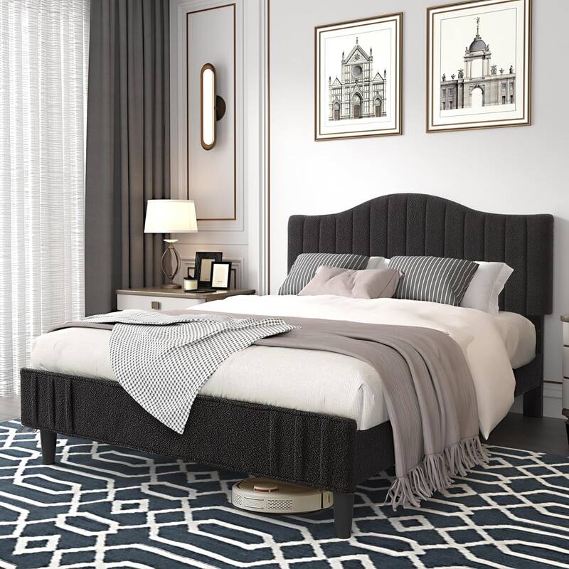 VECELO Upholstered Bed Frames, Platform Beds with Height Adjustable Teddy Fabric Headboard, 7.9'' Under Bed Space