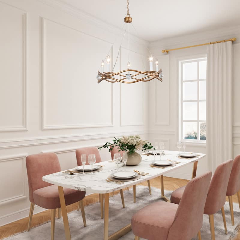 Modern Gold 5-light Linear Chandelier Wagon Wheel Candle Ceiling Lighting with Crystal Drop - D25"xH31.5"