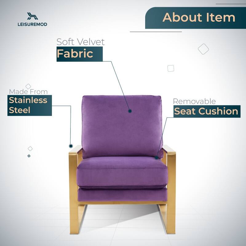 Jefferson Modern Velvet Accent Chair with Brushed Gold Frame, Removable Cushions, and Floor Protectors for Living Room or Office