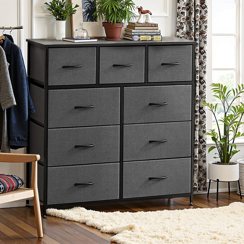 Dresser for Bedroom, Storage Organizer with 9 Drawers, Chest of Drawers with Fabric Bins, Sturdy Metal Frame, Wood Tabletop