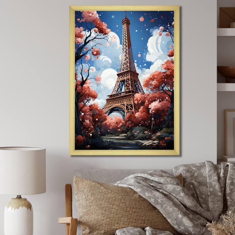 Designart "Paris In Spring Bloom I" City Paris Framed Wall Decor - 12 in. wide x 20 in. high - Gold