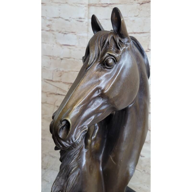 Two Imitative Horses Bust Sculpture Real Bronze Signed Original Equine Art By Milo On Marble Base