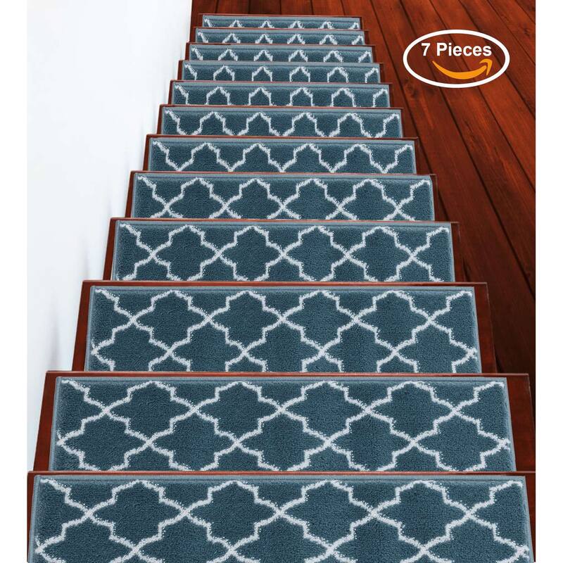 SUSSEXHOME Geometric Stair Treads with Easy to Install Double Adhesive Tape 9" x 28" - 10-PACK - Teal