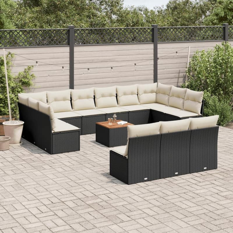 vidaXL Patio Sofa Set with Cushions Outdoor Furniture 14 Piece Poly Rattan - 24.4 x 24.4 x 27.2 - Black and Cream