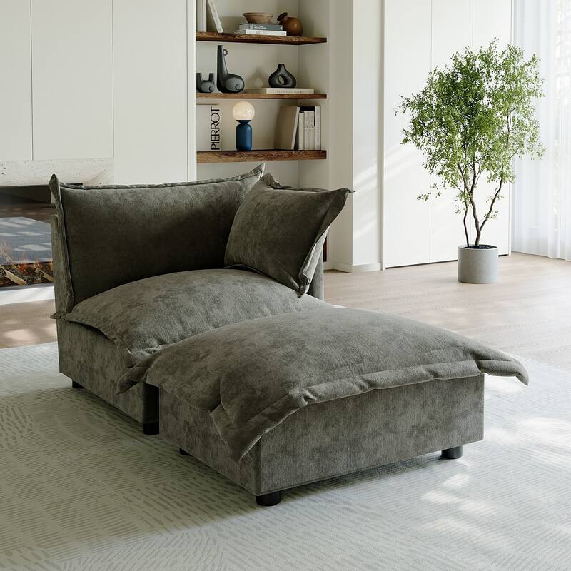 Casual 40"W Oversized Soft Comfy Cloud Chenille Chaise Lounge with Ottoman - Right Facing - Grey