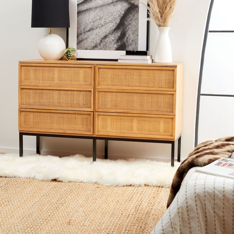 SAFAVIEH Audrey 6 Drawer Rattan Dresser - Natural/Black