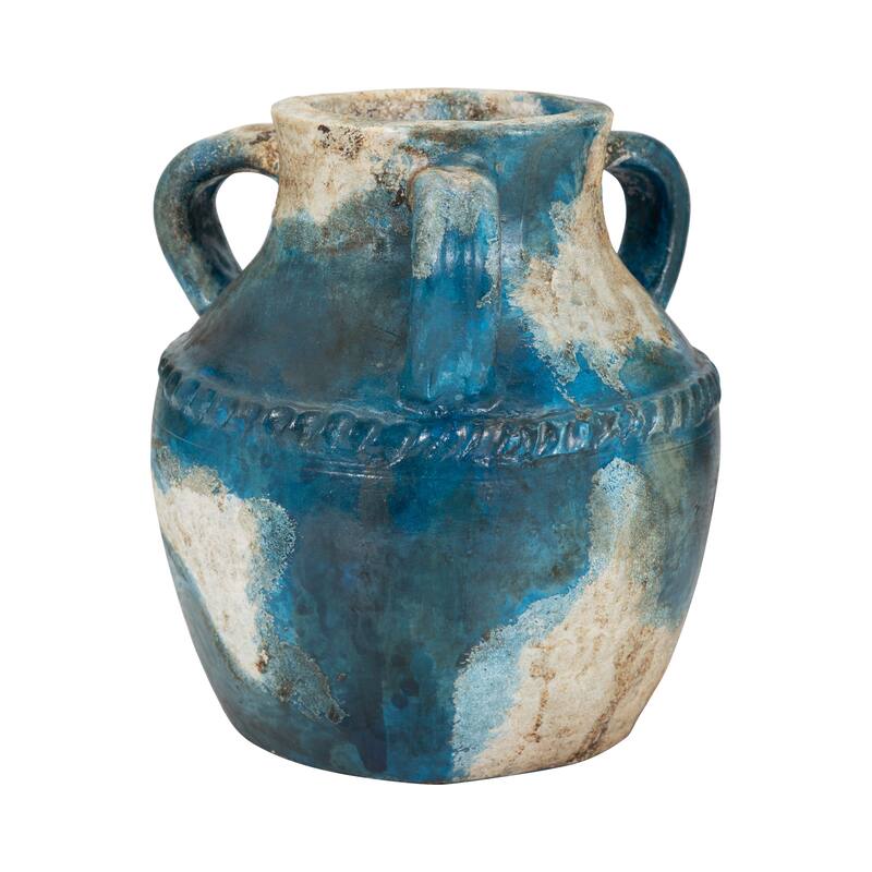 Pottery Terracotta Vase with Rustic Textured and Triple Handles Design