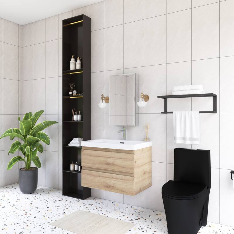 Angela Wall Mounted Bathroom Vanity in F. Oak with White Cultured Marble Top