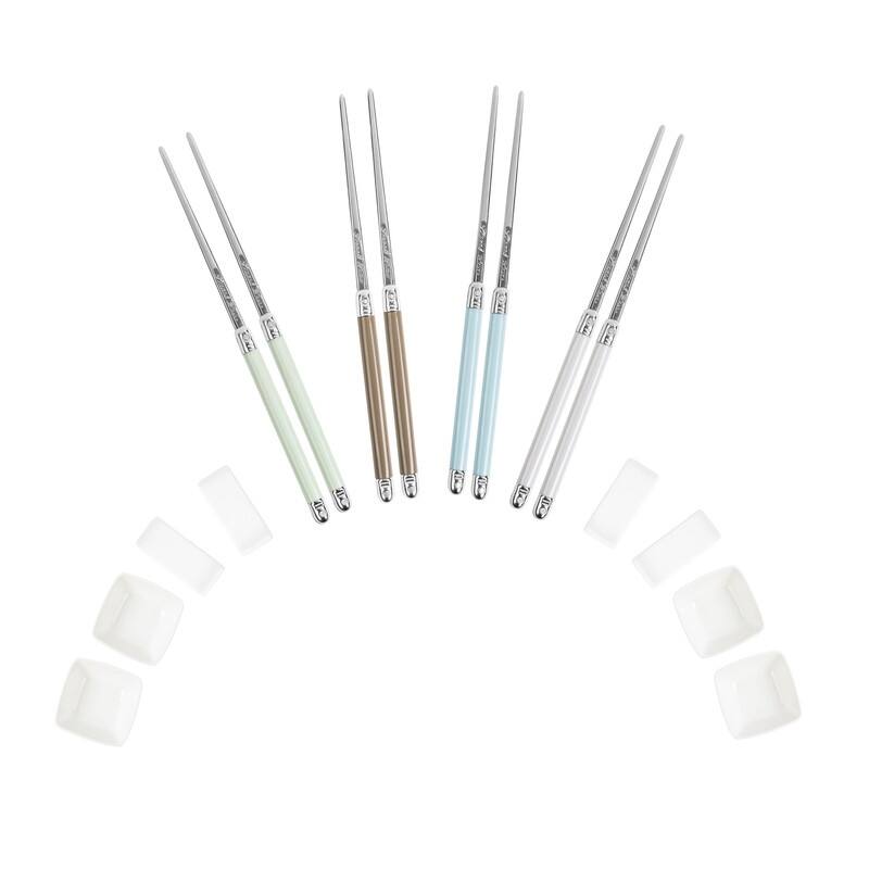 French Home Mother of Pearl Colored Chopsticks, Ceramic Rests and Sauce Bowls, Set of 4 Pairs