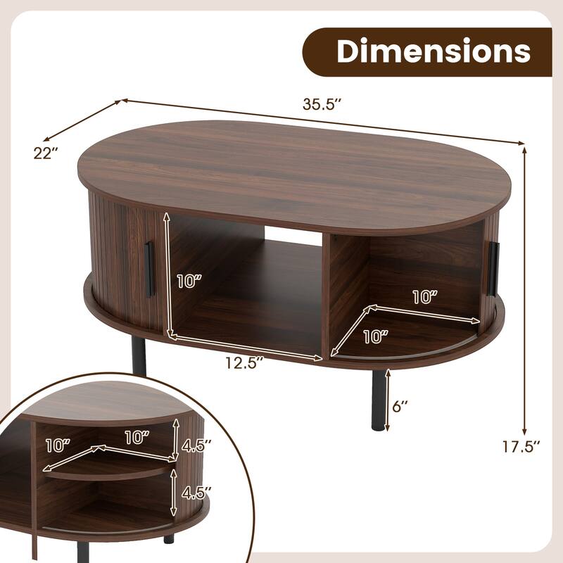 Walnut Modern Oval Coffee Table with Sliding Tambour Doors and Storage Compartment Metal Legs - 35.5" x 22" x 17.5"