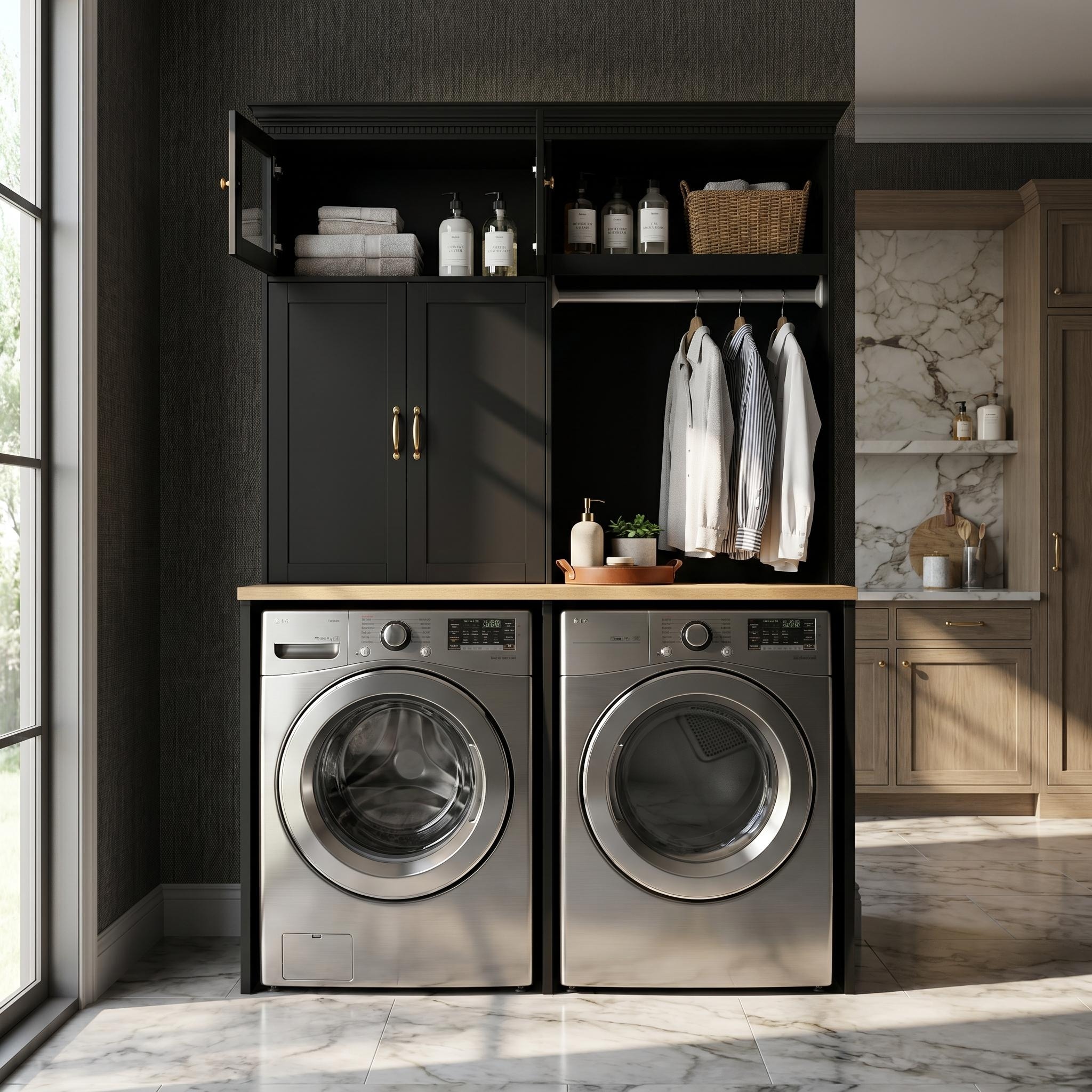 58" Over-the-Washer and Dryer Storage Cabinet, Tall Laundry Room Organizer with Hanging Rod Heavy Duty Utility Cupboard