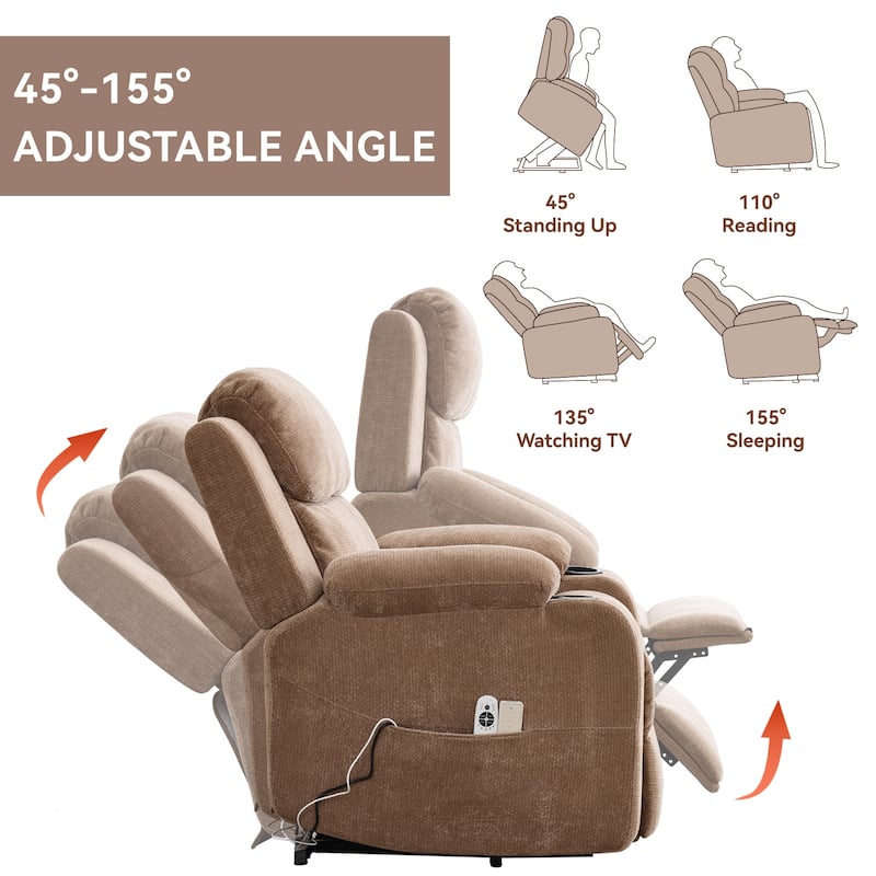 Chenille Power Lift Recliner Chair, Heavy Duty Recliner Chair with Heat & Massage, Lounge Chair with USB Ports & Cup Holders