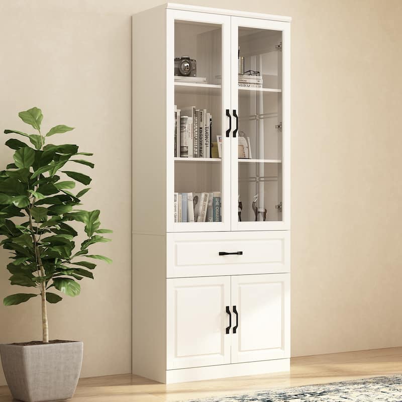 78.7" Large Combo Storage Cabinet Display Bookcase Glass Doors Pantry