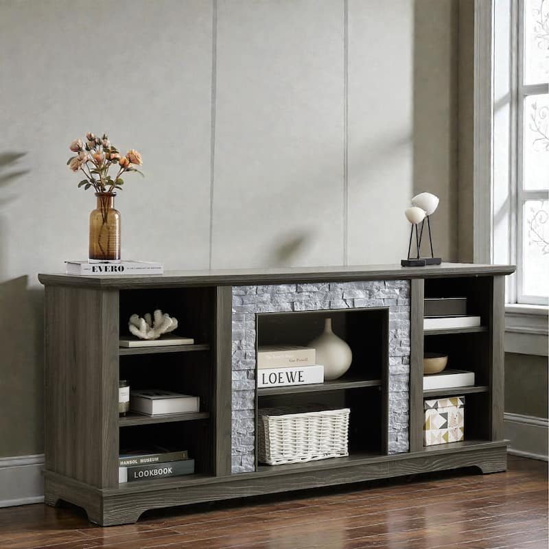 58 Inch Mantel Stone TV Stand for TVs up to 65 Inch, Media Console with Faux Stacked Stone Surround and Open Storage