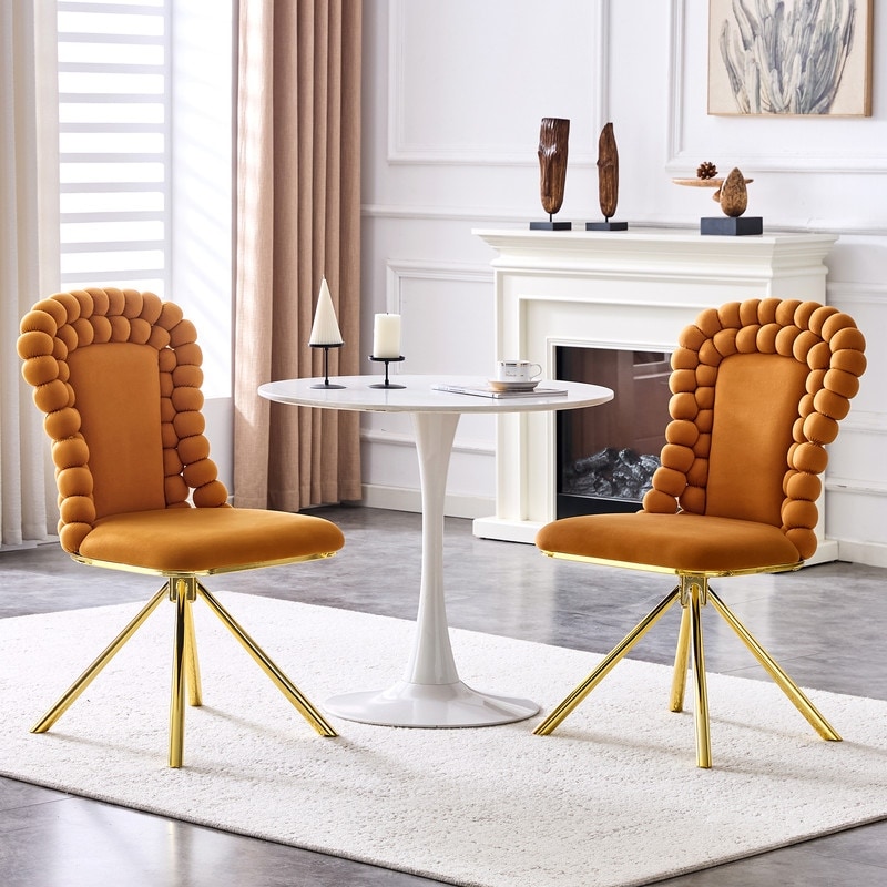 Set of 2 Modern Velvet Dining Chairs with Bubble Bead Back & Gold Legs