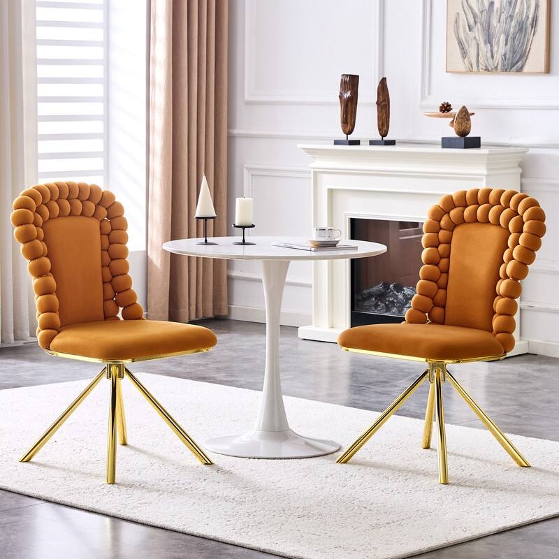 Set of 2 Modern Velvet Dining Chairs with Bubble Bead Back & Gold Legs - Gold,Orange