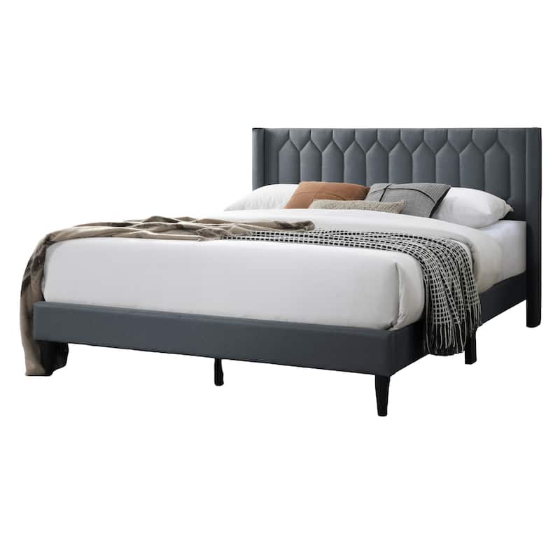 Queen Size Upholstered Platform Bed with Diamond Stitch Headboard and Modern Platform Design