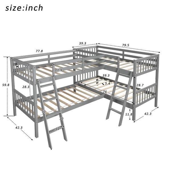 Twin Size L-Shaped Pine Wood Bunk Bed, Separatable to 2 L-Shaped Beds