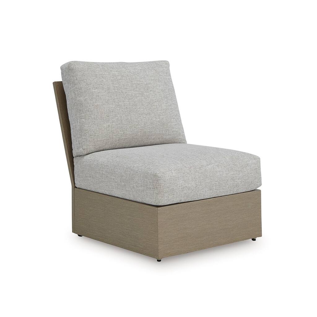 Isle Outdoor Armless Chair, Gray Cushion, Woodlike Brown Metal Frame