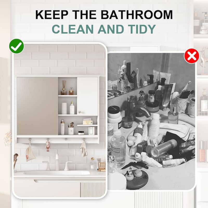 Wall Mounted Medicine Cabinet, Bathroom Storage Cabinet with High-definition Mirror Door, Open Shelves and Adjustabl Shelf