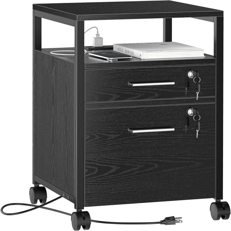 File Cabinet with Lock Charging Station 2 Drawers Rolling Filing Cabinet - 15.7"D x 15.7"W x 26"H