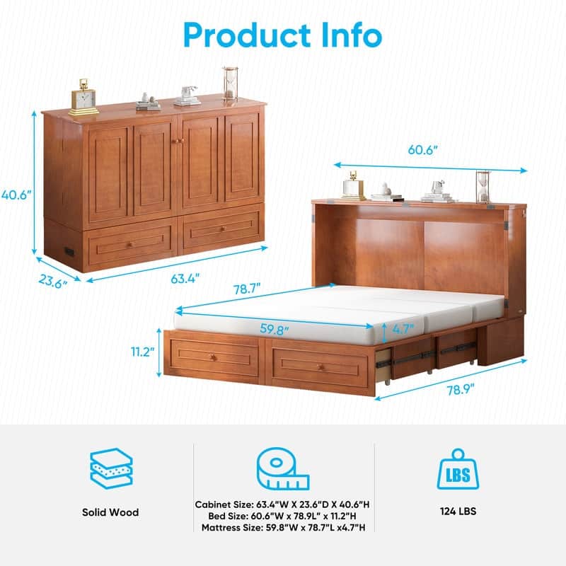 Mixoy Queen Modern Murphy Bed Chest with Mattress and Storage Drawer