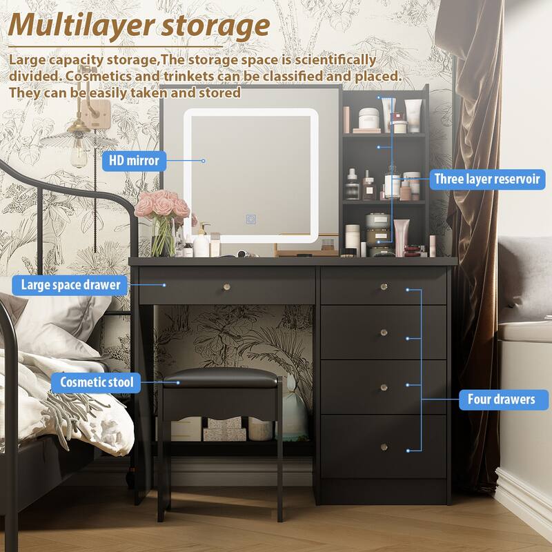 Makeup Vanity Set with Stool and 3 Color Touching Mirror Dresser Table - 39.4"W